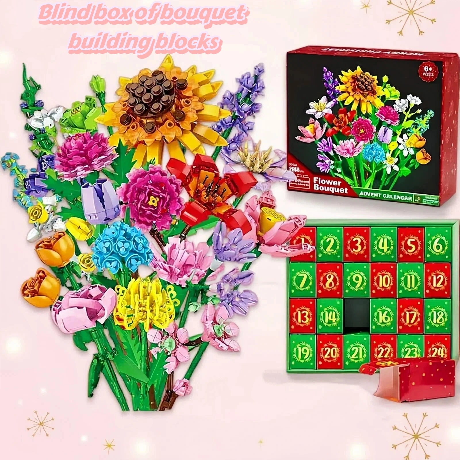 Kalendarz adwentowy, klocki do budowania bukietów, 24 różne kwiaty
